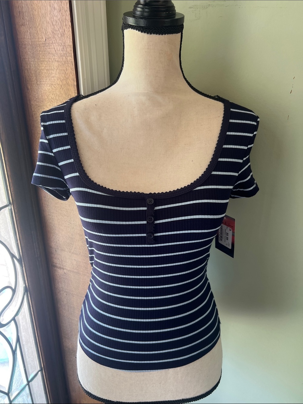 Square-Neck Ribbed Striped Tee in Navy and Baby Blue